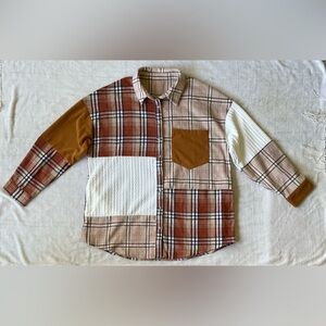 Women’s Plaid Patchwork Shirt Jacket - Brown and Cream